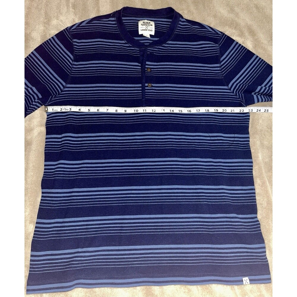 Blake Shelton x Lands End Henley Shirt Mens Size XL Blue Striped Ribbed Casual